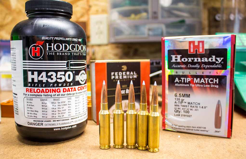 While H4350 is usually more closely associated with cartridges such as the 7mm Remington Magnum and the .300 Winchester Magnum, it’s perfectly at home in the 6.5 Creedmoor, shown here with new Hornady A-Tip bullets.