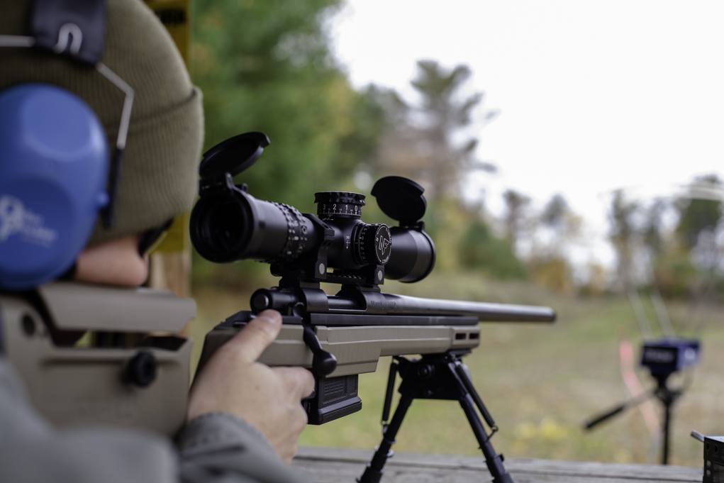 The Nightforce ATACR 4-16x42 F1 scope is an ideal match for the KRG Bravo in .308 Win. Thanks to its cavernous 34mm tube it has a wide range of internal adjustment — up to 26 mils or 89 MOA — and its ZeroHold elevation turret lock lets you set your zero but also adjust below zero.