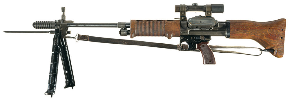 Outstanding Original World War II Fully Automatic Class III Nazi Krieghoff FG42 Paratrooper Sniper Rifle with the Highly Desirable Rare Accessories Including ZF4 Sniper Scope, Original Mount, Grenade Launcher and Spike Bayonet