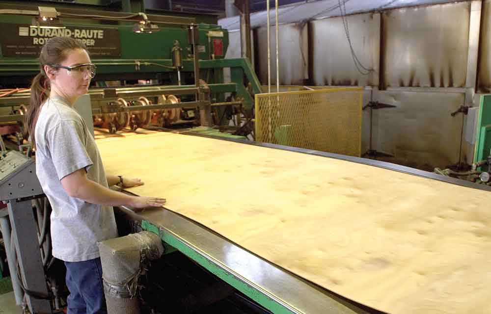 Once the log is trued and the blade is making total contact with the spinning log, the veneer peels off in an unbroken sheet at 15 mph.