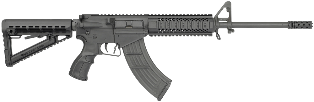 What do you get when you cross an AR with an AK? You get the Rock River Arms LAR-47, which accepts AK-47 mags and is chambered in 7.62 X 39 Russian. 