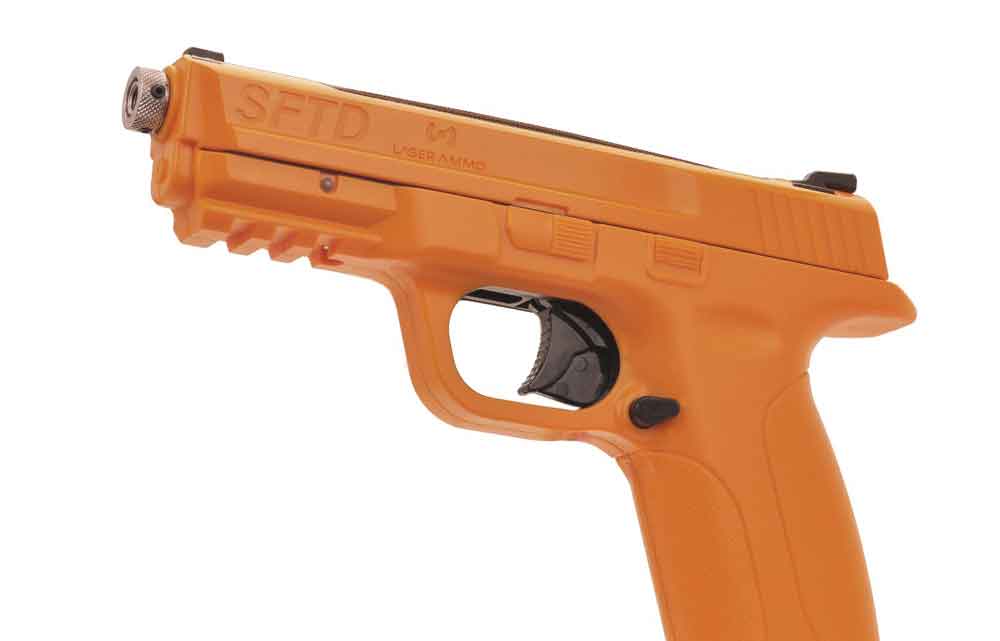 Some manufacturers of laser-training devices offer non-functioning gun replicas that mirror the weight and profile of common defensive guns. This trainer, from Laser Ammo, replicates the S&W M&P series of pistols.