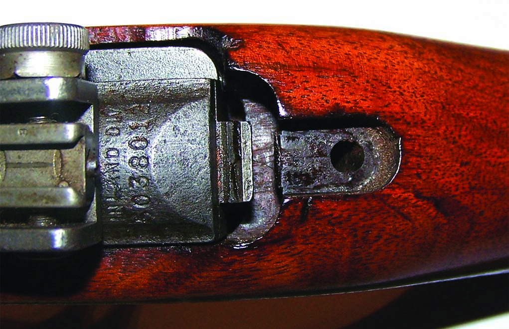 This is the receiver setting in the stock, showing the relationship to the recoil plate. The recoil plate has been removed for this illustration.