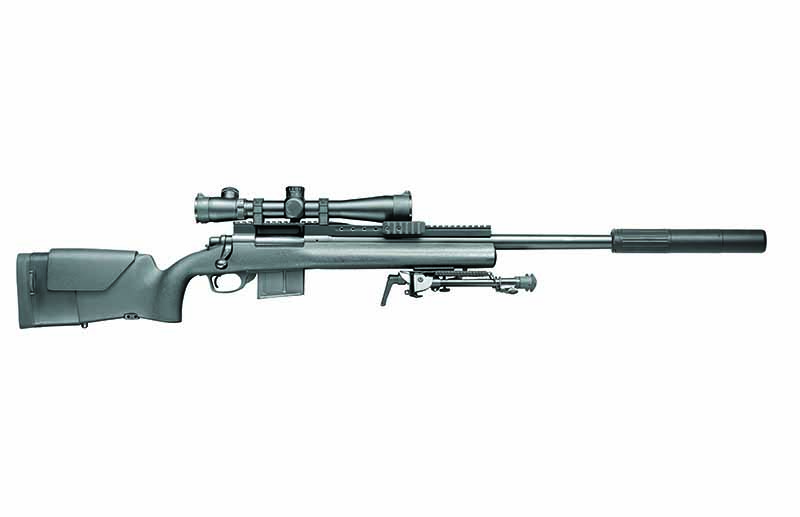 The M24A2 sniper rifle has a few refinements over the original M24, including a five-round detachable box magazine, one-piece modular accessory rail (for night vision), and a variable power Leupold optic. 
