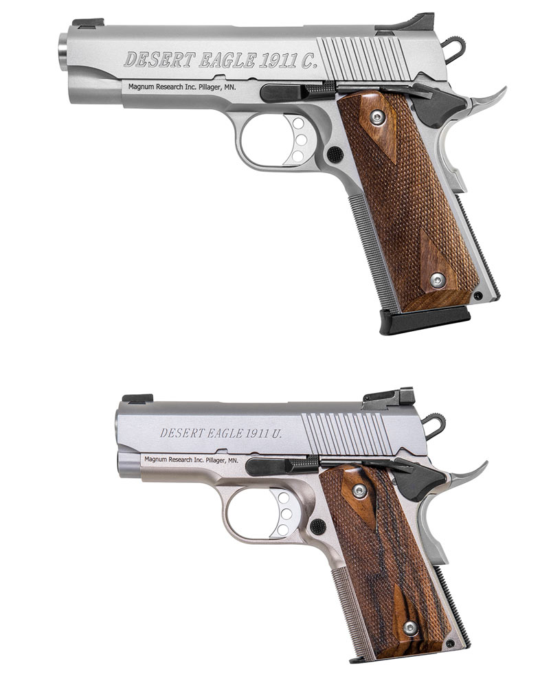 The 1911C (above) and 1911U (below), decked out in stainless steel.