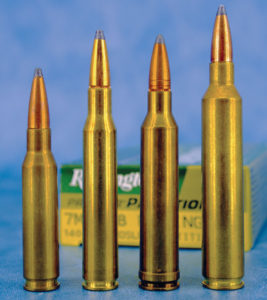 The .30-06-based .280 Rem. (second from left) represents standard velocity for the 7mm caliber. Like the .30 family, the smaller .308 Win. based 7mm-08 next to it comes close to matching the .280, while the belted 7mm Rem. and 7mm Ultra Mag provide one and two levels of performance above it.