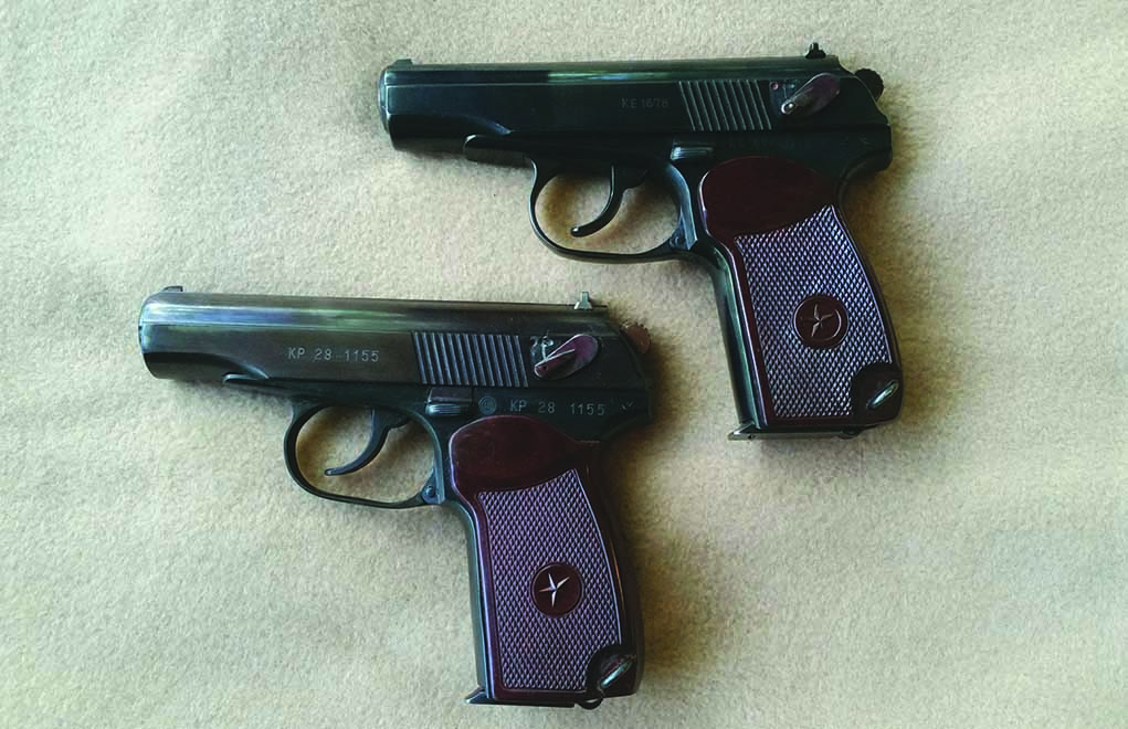An almost identical comparison is the 9mm Russian-made Makarov at top, with a Bulgarian-licensed copy at bottom. This particular Russian example is one of those that mistakenly entered the United States with import marks of “Germany.” Actual legal Russian importing lasted but a few years.