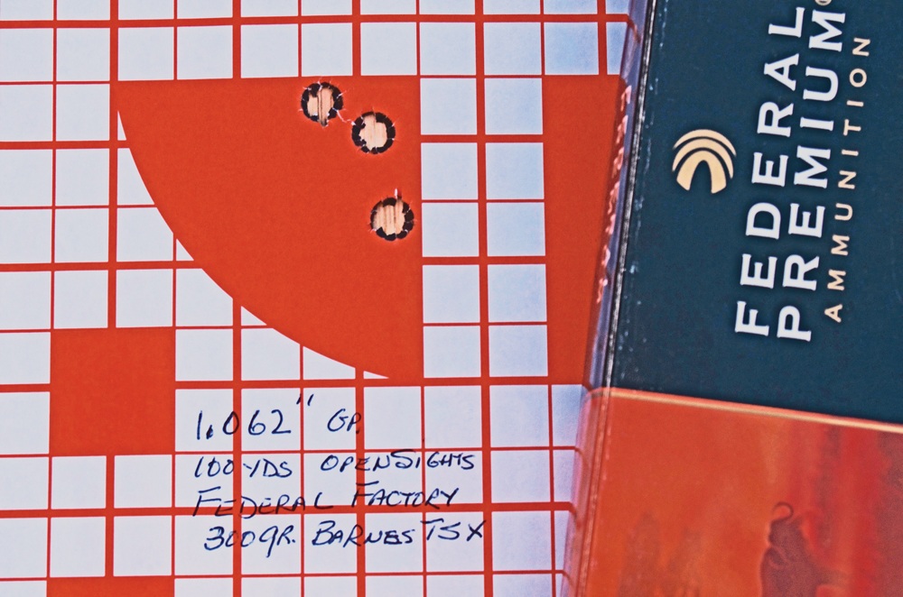 The best group Jeff fired at 100 yards using Federal factory ammo and only the iron sights. The author believes this rifle is ready to go hunting anywhere in the world as is right from the factory.