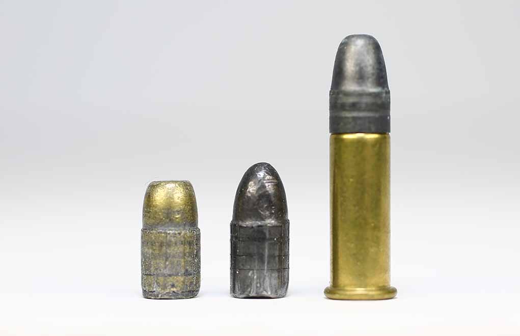 The .22LR will sometimes expand, and sometimes not. The bullet on the left is a hollow-point, and you can see how much (not) it expanded. The middle one is a regular round-nose, and the loaded cartridge is to the right. The big advantage is the low cost.