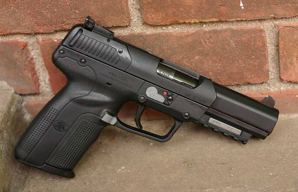 The FN FiveseveN pistol holds 20 (or 30) rounds of 5.7 ammunition. It’s a bit larger in the grip than .22LR and .22 Magnum pistols would be, so if that matters, be sure and test before you buy.