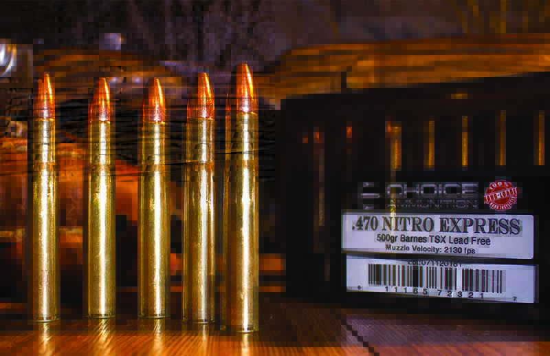 The 500-grain Barnes TSX, as loaded by Choice Ammunition in the .470 Nitro Express. African professional hunters tend to smile when they see that a client brought Barnes TSX bullets.