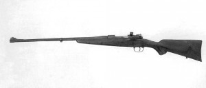 Left-side, full-length view of Author’s converted Mauser. With its 24-inch Douglas barrel, the completed rifle weighs about 7-3/4 pounds; having only iron sights, it is a delight to carry in the field.