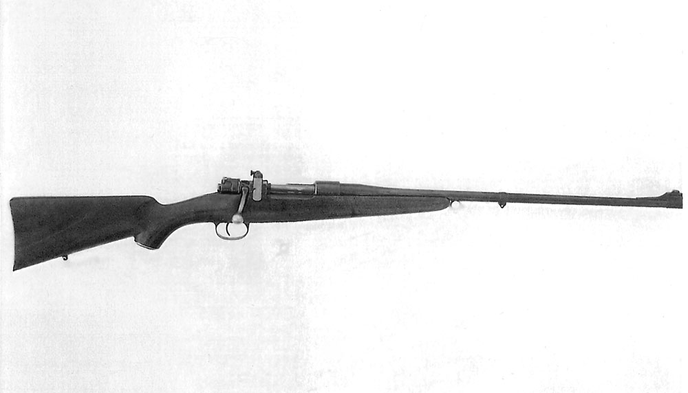 Right-side, full-length view of author’s sporter conversion of his military Mauser. The lines given to the rifle are reminiscent of those of American and European bolt-actioned sporters of the early-to-mid 1900s. It is chambered for the 7mm/08 Remington cartridge.