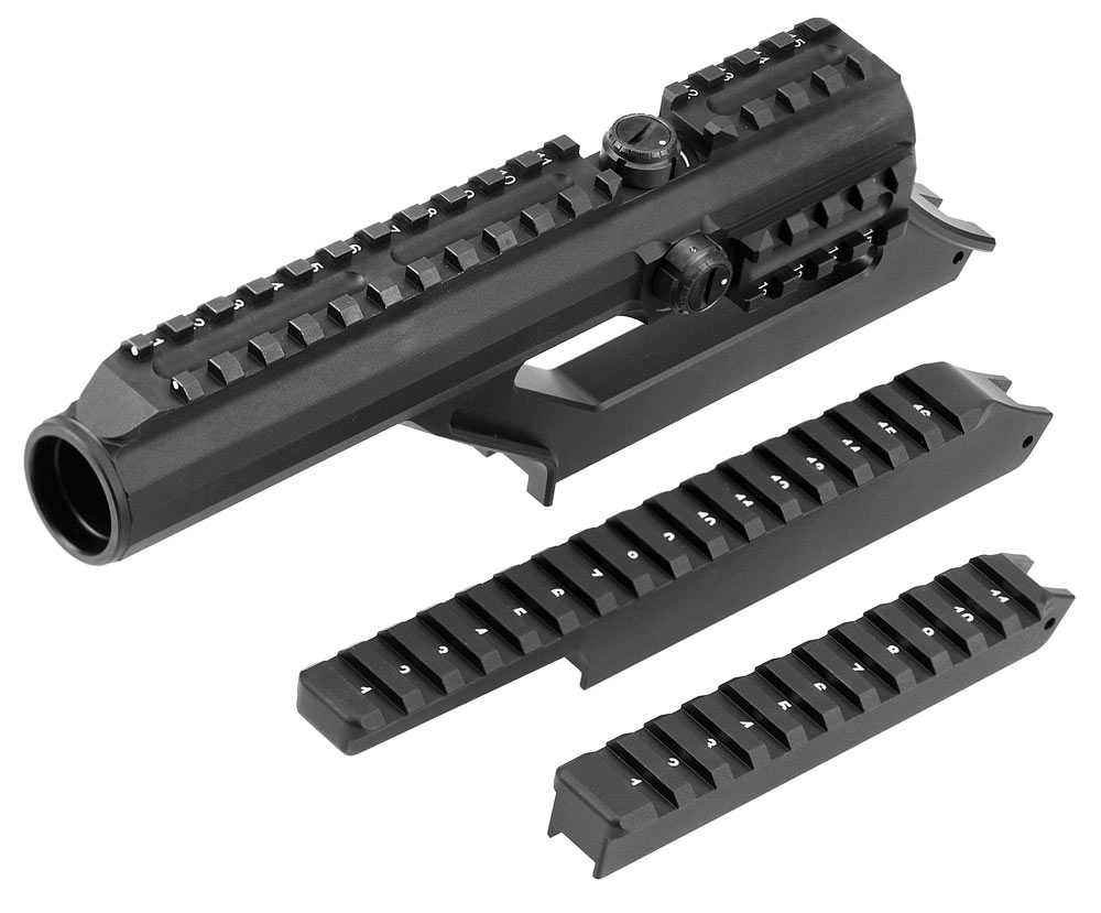 The Low-Rail, High-Rail and Integrated-Optic for the new Steyr AUG A3 M1 are completely interchangeable, via the three base screws that thread from the underside of the top of the receiver.