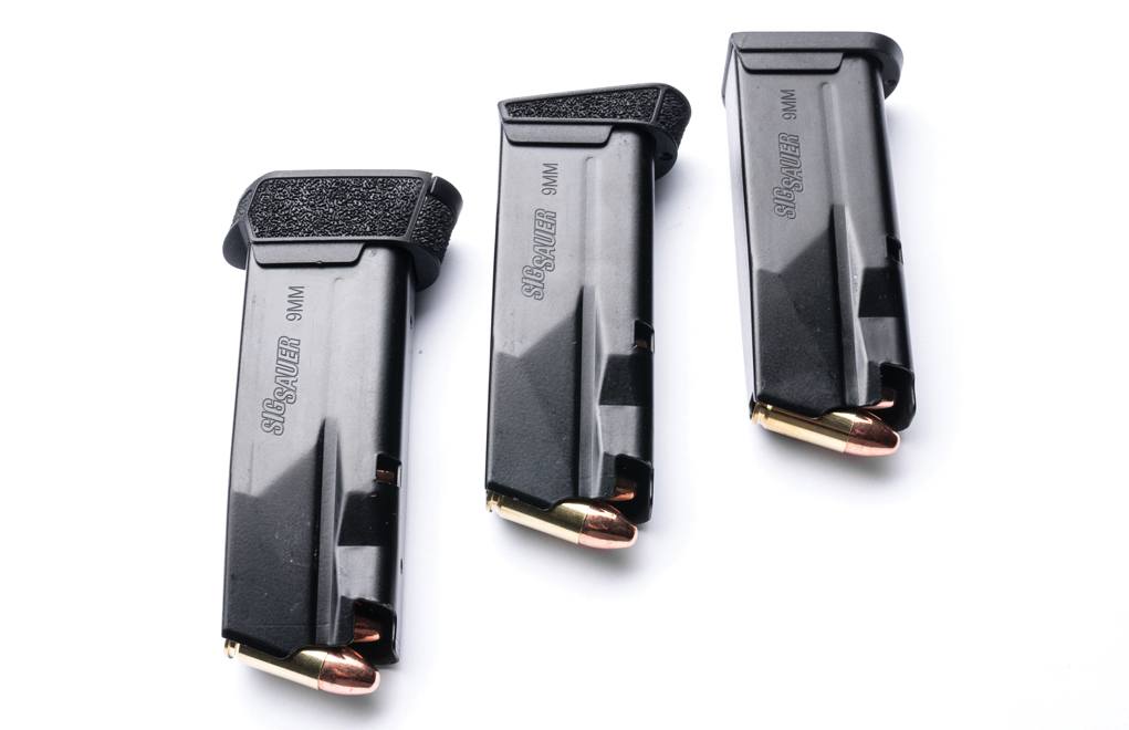 Three magazines are available for the P365. Two 10-rounders come with the pistol, and one has an extended base plate. Another 12-round magazine is available as an aftermarket option.