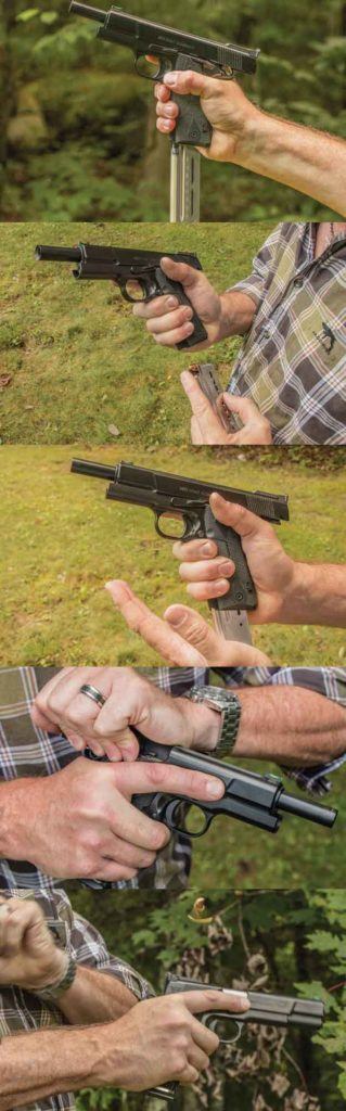 You can reload your handgun at any time, or you can take advantage of all the ammunition on board and reload when it runs dry. There isn’t a single right answer that covers every situation.