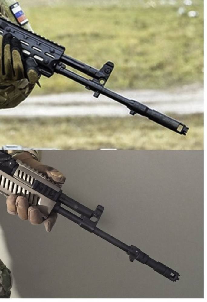 The earlier version of the AK-12 muzzle device was a departure from the standard AK-74 type brake. It resembled the Polish Tantal device, affording the ability to launch rifle grenades.