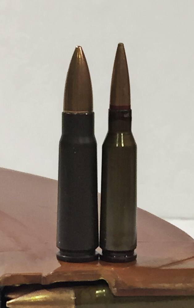 The new low-impulse high-velocity 5.45X39mm 7N6 round (right) next to the standard AK 7.62X39mm M43.
