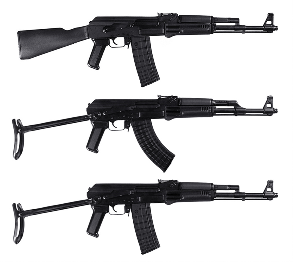 Though very different from the AK-74, the Bulgarian AR rifles, with a milled receiver and underfolding stock, employed many AK-74 internal components. Top to bottom: Arsenal AR (5.56x45mm), Arsenal AR-F (7.62x39mm) and Arsenal AR-F (5.56x45mm).