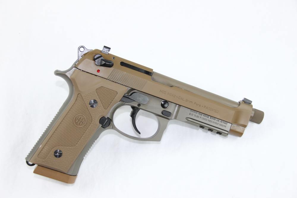 The latest Beretta is the M9A3 (not officially adopted by the military), which features a desert tan finish, threaded barrel, night sights, and a smaller grip with interchangeable panels. - Beretta M9A3