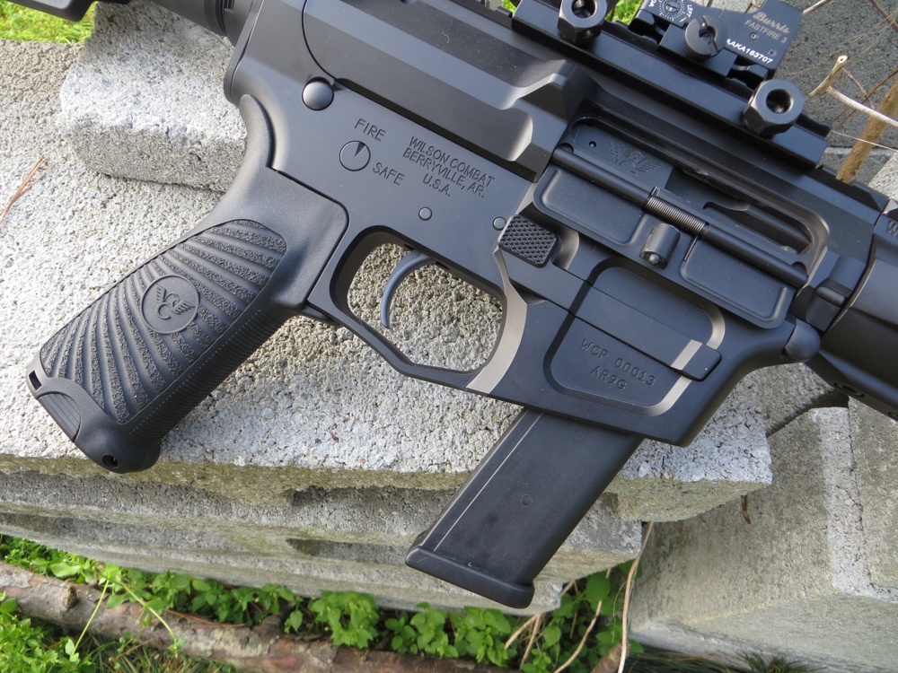 The magazine release on the Wilson Combat AR9 is oversized for faster manipulation.