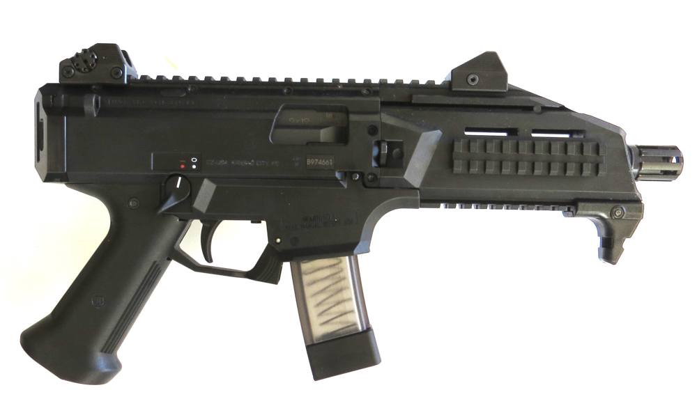 The semi-automatic CZ Scorpion EVO 3 S1 uses a blowback mechanism encased in a fiber-reinforced polymer receiver.