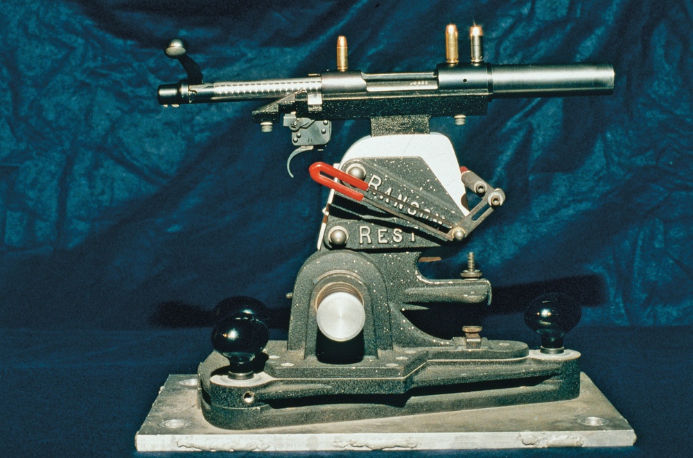 For accuracy results with a test barrel, a sketch by the author resulted in this unique machine rest built by Joe Kiesel in the Gun Vault. Photo by author