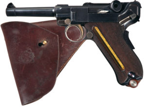 One of only 50 produced, all in the 22401-22450 serial number range, this specimen, is a superb example of an extremely rare 1902 DWM Luger that has been fitted with the unique "Powell Indicating Device", commonly called a "Cartridge Counter" on the left side of the grip. Estimated Price: $50,000 - $90,000