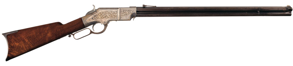 This is an important example of an exhibition quality, factory engraved silver finished Henry rifle that was manufactured by the New Haven Arms company in the months of 1865 and is attributed to factory engraver Samuel Hoggson. Estimated Price: $90,000 - $160,000