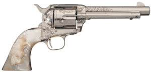 An outstanding pre-war, factory engraved Colt SAA with carved pearl grips beat its high estimate, selling for $51,750.