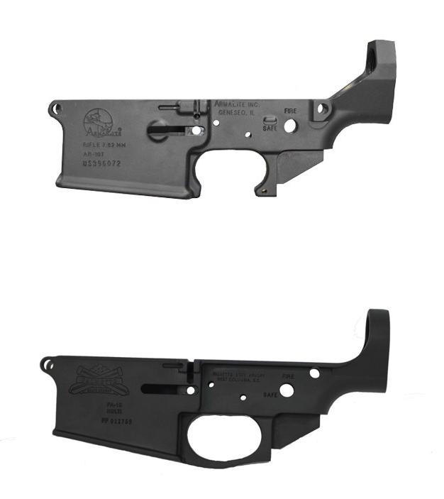 Top: ArmaLite pattern AR-10 lower receiver, note the angular rear cut. Bottom: Palmetto State Armory DPSM pattern lower with elliptical cut.