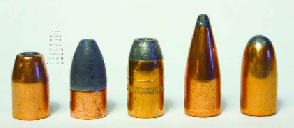 Excellent bullets for use in 30-caliber reduced loads are (left to right): 90-grain Hornady XTP, 100-grain Hornady short jacket, 110-grain Speer FPHP, 110-grain Hornady spritzer and 110-grain Speer round-nose.