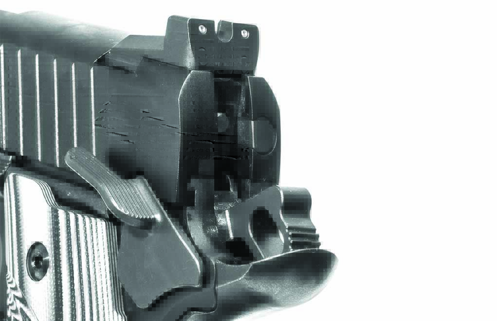 The XS high-profile rear sight with a wide U-notch allows for quick sight acquisition and is ledged enough to allow for one-handed slide operation.