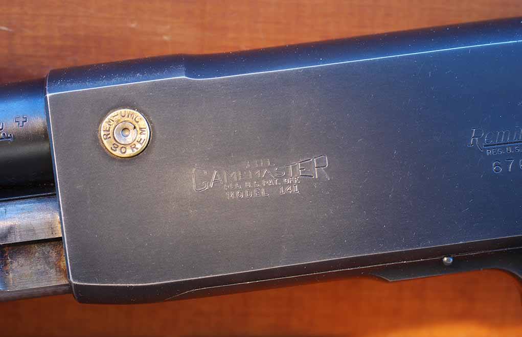 The Model 141 caliber identiﬁ cation was not only marked on the barrel, but a cartridge case head was also imbedded in the front left side of the receiver. If the gun has been reblued, this case head is usually polished into oblivion.