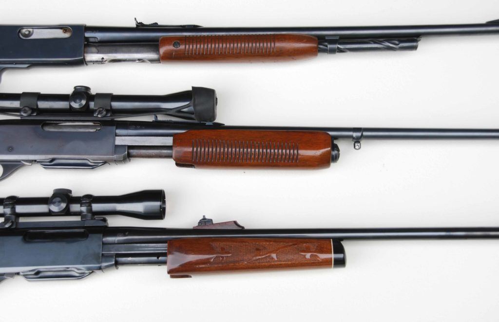 The forends of the three Remington pumps differ, too. The grooved M-141 (top) and M-760 (middle) gave way to the impressed checkering of the M-7600 (bottom).