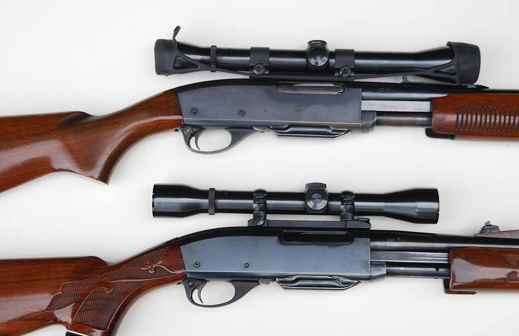 Note the similarities in form, but the change from a smooth buttstock in the M-141 (top) made in 1949, to the impressed ﬂ eur-de-lis “checkering” in the M-7600 of 1991.