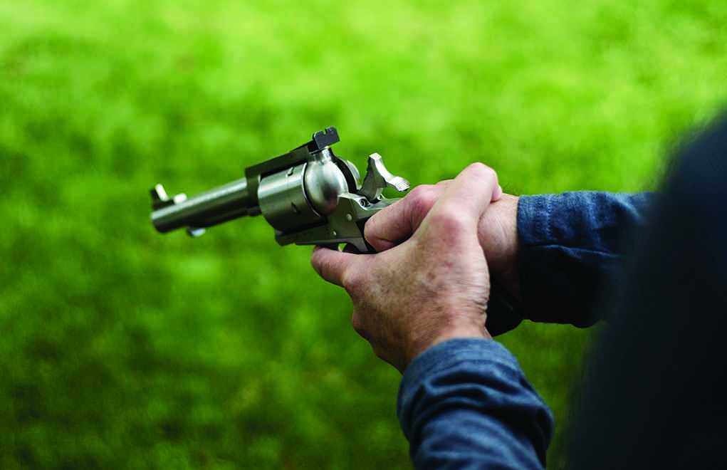 Popular with the defensive-shooting group is placing both feet in line, with the pistol held straight out. This isn’t a stable position for heavy-recoiling revolvers. 