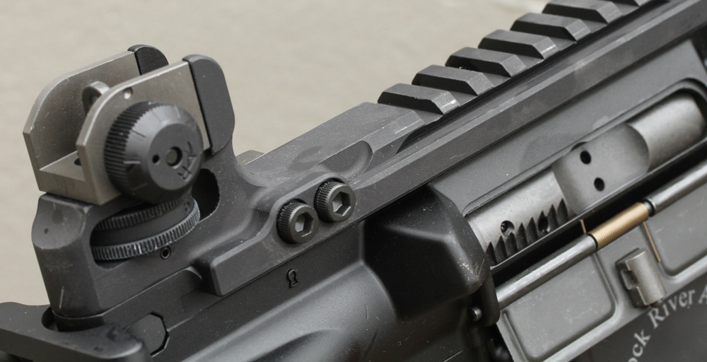 The Rock River BUIS, with integral rail for mounting a red-dot sight.