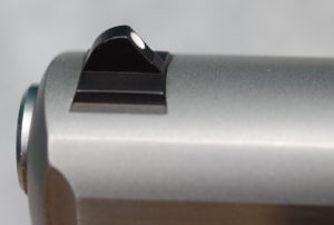 Highly visible three-dot sights adorn the SR40 slide. The front sight is dovetailed and is, thus, easily replaceable, if desired.