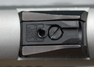 The rear sight is held in a dovetail and is drift-adjustable for windage, click-adjustable for elevation. It provides a clean sight picture for fast, accurate shooting.