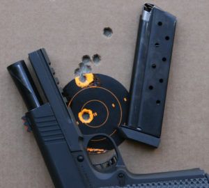 Initially, the 10mm was not considered an accurate round. Here is an eight-shot group fired from 25 yards out of the Rock Island Armory Tac Ultra FS, a 1911-style platform.