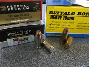 Cartridges loaded with 180-grain JHP bullets make an excellent defensive round. The Federal 180-grain Hydra-Shok are loaded to a lower velocity — about 1,030 fps depending on the barrel length — compared to the SIG Sauer 180-grain JHP, which is loaded to a hot 1,250 fps. The Buffalo Bore load clocks at 1,350 fps.