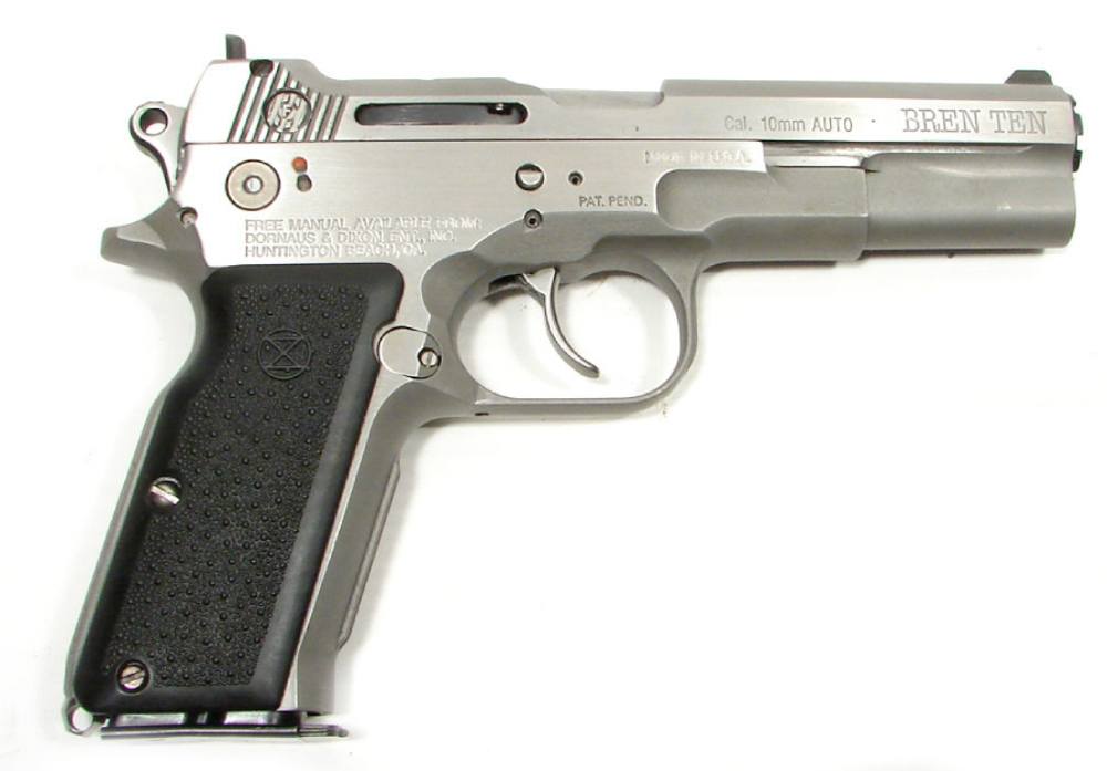 The Bren Ten was the first production handgun chambered in 10mm Auto. It was adapted from the CZ-75f and manufactured by Dornaus & Dixon Enterprises Inc.