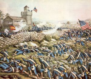 This is Charge of the 24th and 25th Colored Infantry, July 2nd, 1898, depicting the Battle of San Juan Hill, from an 1899 lithograph by Chicago printers Kurz and Allison.