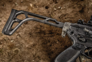  A skeletonized folding stock is available on rifle and SBR variants, and all versions come with SIG’s flip-up iron sights. Photos by Jeff Jones.