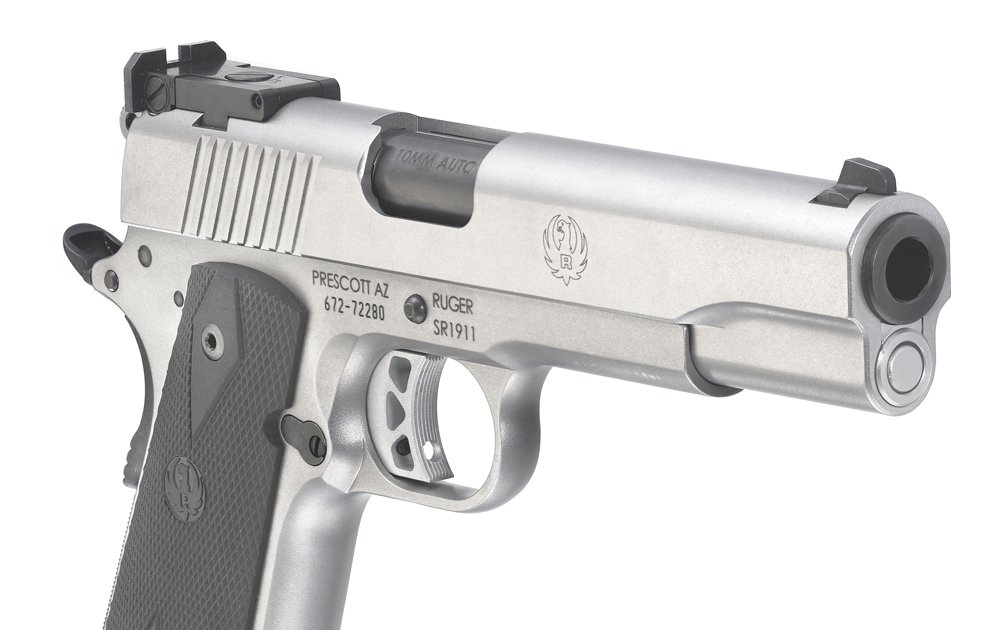 A bull barrel and full-length recoil spring guide rod have been added to the new SR1911 in 10mm to handle the powerful round.