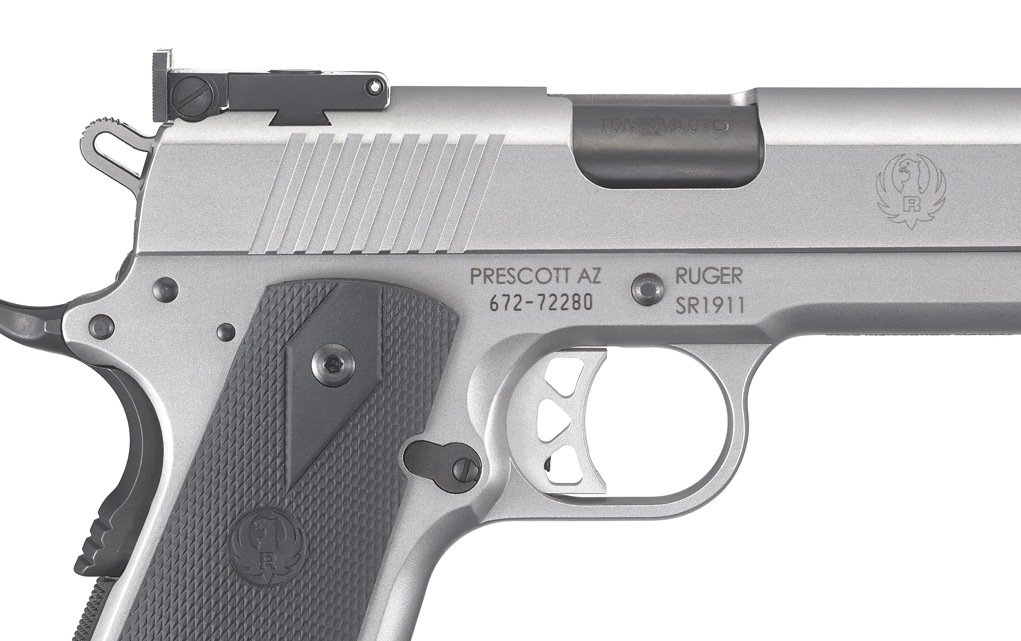 The new SR1911's matte stainless steel finish and skeletonized trigger and hammer give the gun a striking appearance.