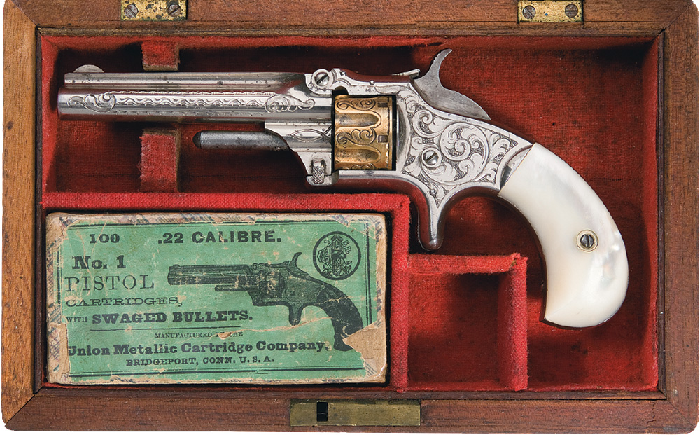 Cased Smith & Wesson No. 1, Third Issue revolver with mahogany case and a empty carton of .22 caliber cartridges sold for $4312.50 in a Rock Island Auction. It goes to show that antique .22 caliber revolvers run the gamut from the common affordable variety to exquisite high end custom. 