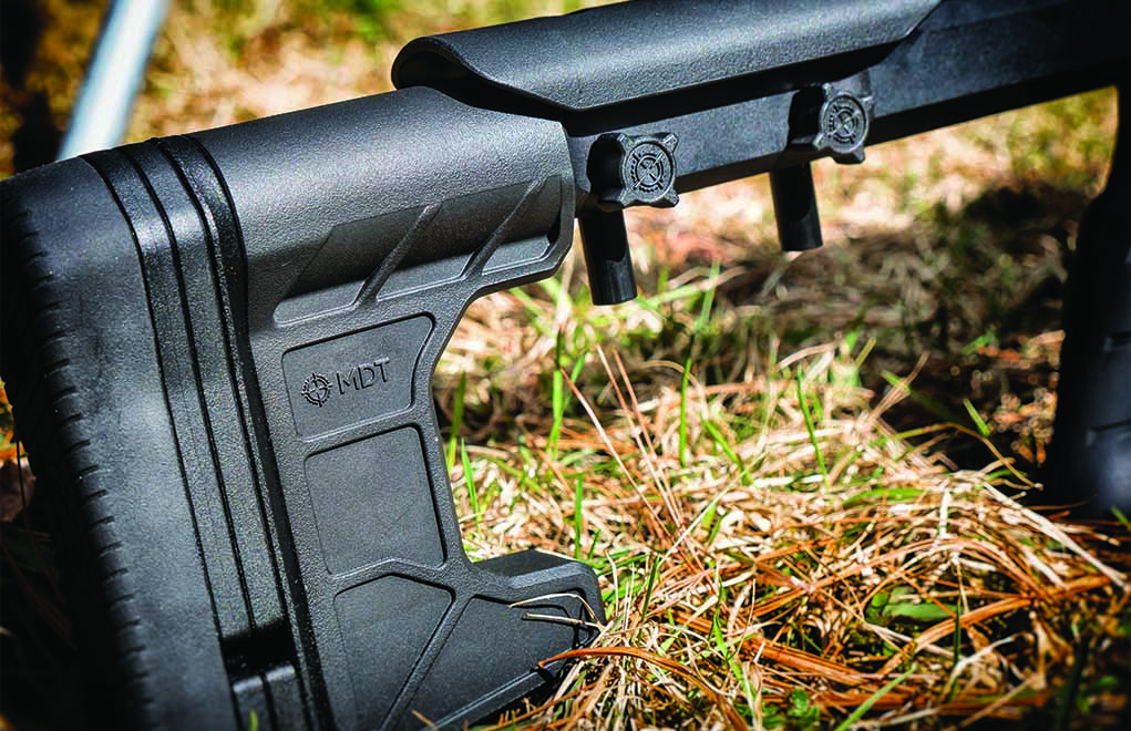 The buttstock is made by MDT and attaches directly to the chassis. Just about the only things on the whole rifle that feel “price point” are the knobs on the cheek riser.