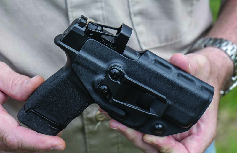 This Crucible Concealment holster for the Springfield Hellcat fits the pistol even with the Shield SMSc reflex sight installed. Paired together, the three make a great IWB concealed carry package.